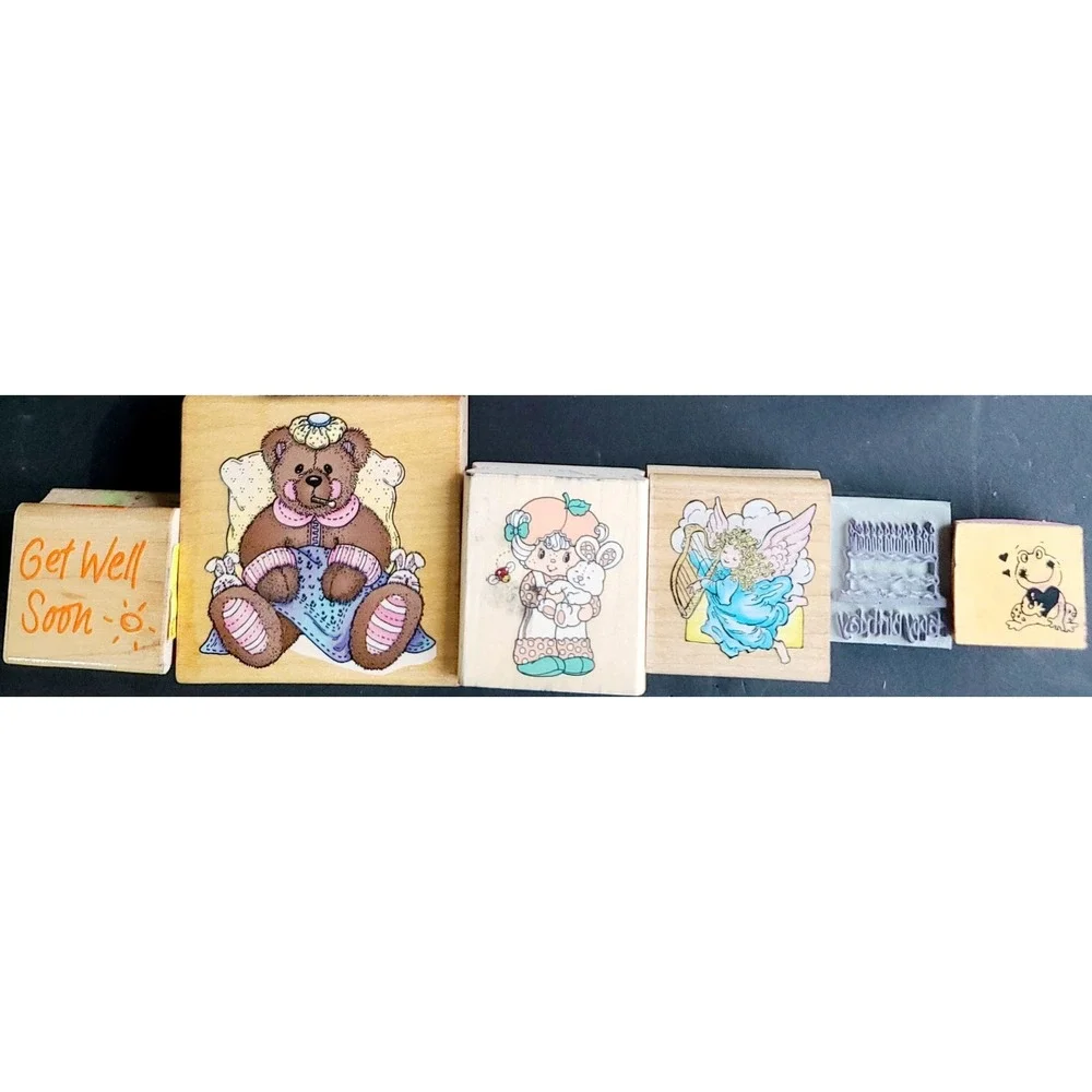 Vintage Wood Rubber Stamp Lot Love‎ Teddy Bears Angel Get Well Wedding 13pc Set
